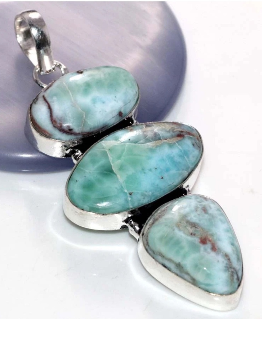 New! Coastal.925 Sterling Silver Larimar Triple Stone Pendant in Aqua Blue